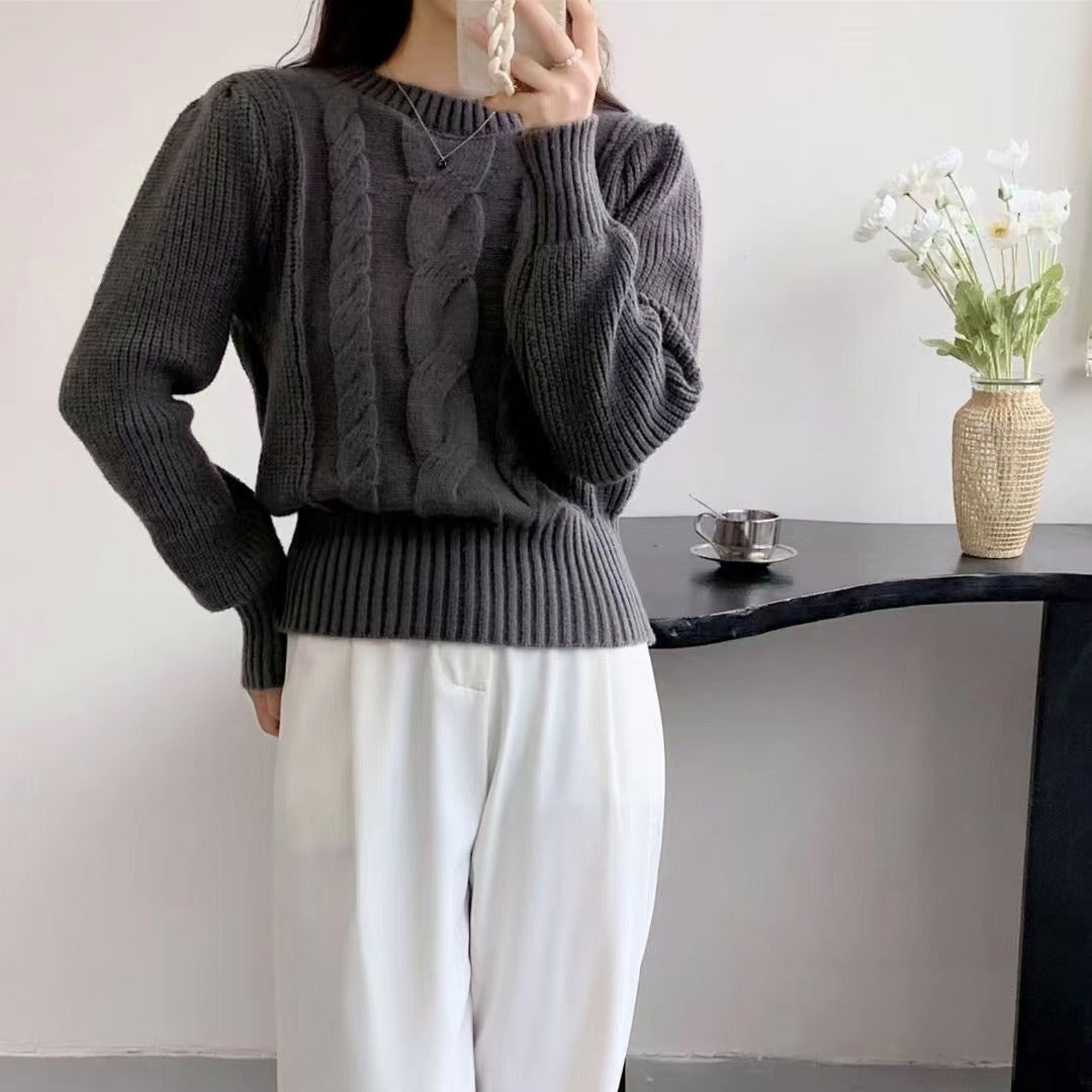 Woman sweater European And American Solid Color Knitwear Autumn Winter Japanese New Round Neck Pullover Lantern Sleeve Cable-knit Sweater