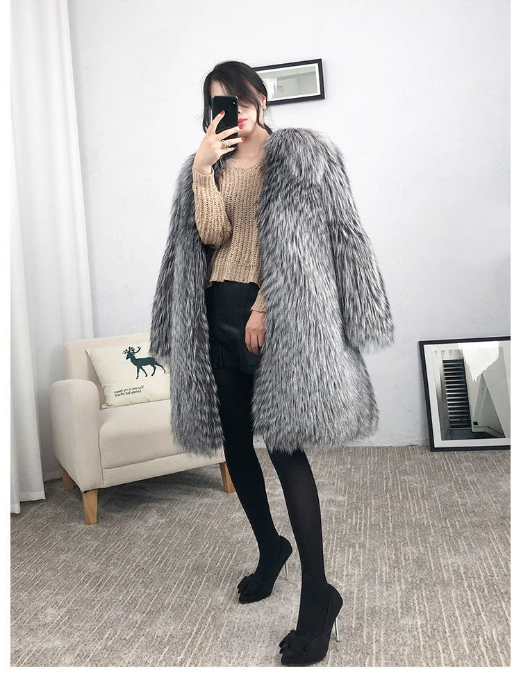 Woman’s coat Mid-length Fox Fur Faux Fur Coat Women's Warm Leisure Overcoat