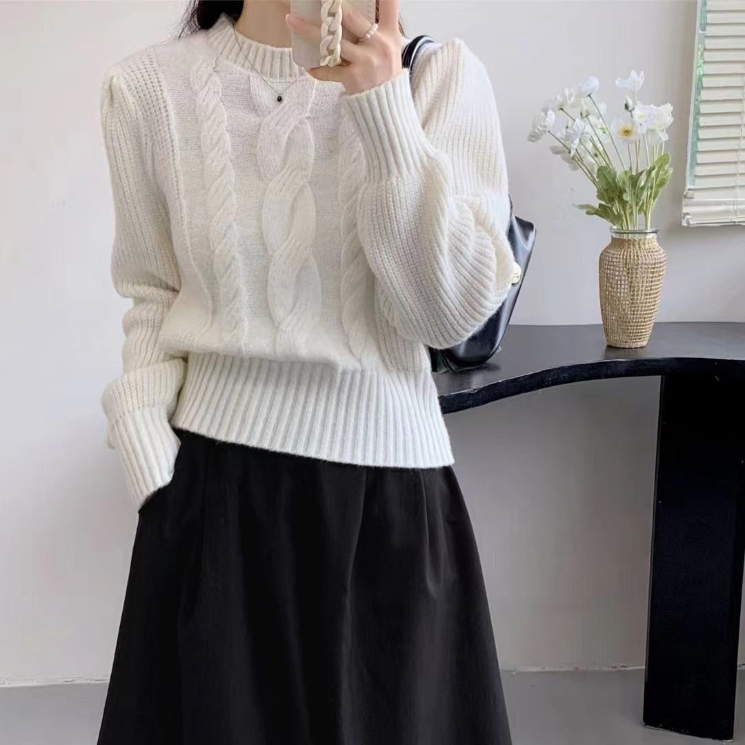 Woman sweater European And American Solid Color Knitwear Autumn Winter Japanese New Round Neck Pullover Lantern Sleeve Cable-knit Sweater