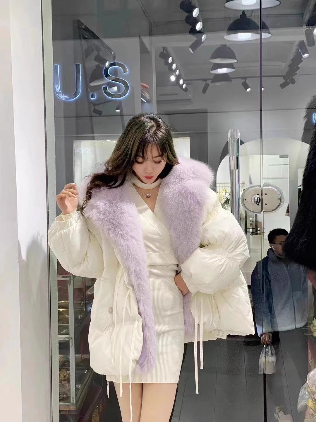 Short Loose Big Fur Collar White Duck Down Jacket Women's Coat