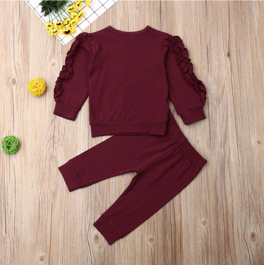 Newborn Baby Girl Ruffles Jumper Solid Long Sleeve Sweatshirt Tops Pants Infant Kids 2Pcs Outfits Clothes Set Fall Clothes