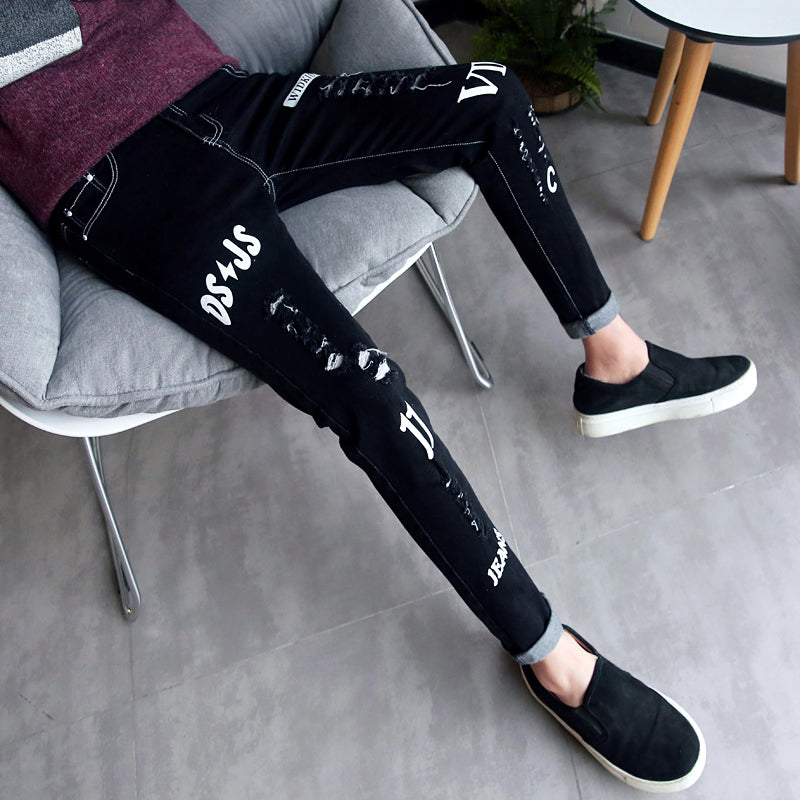 Men jeans Autumn black ripped ankle