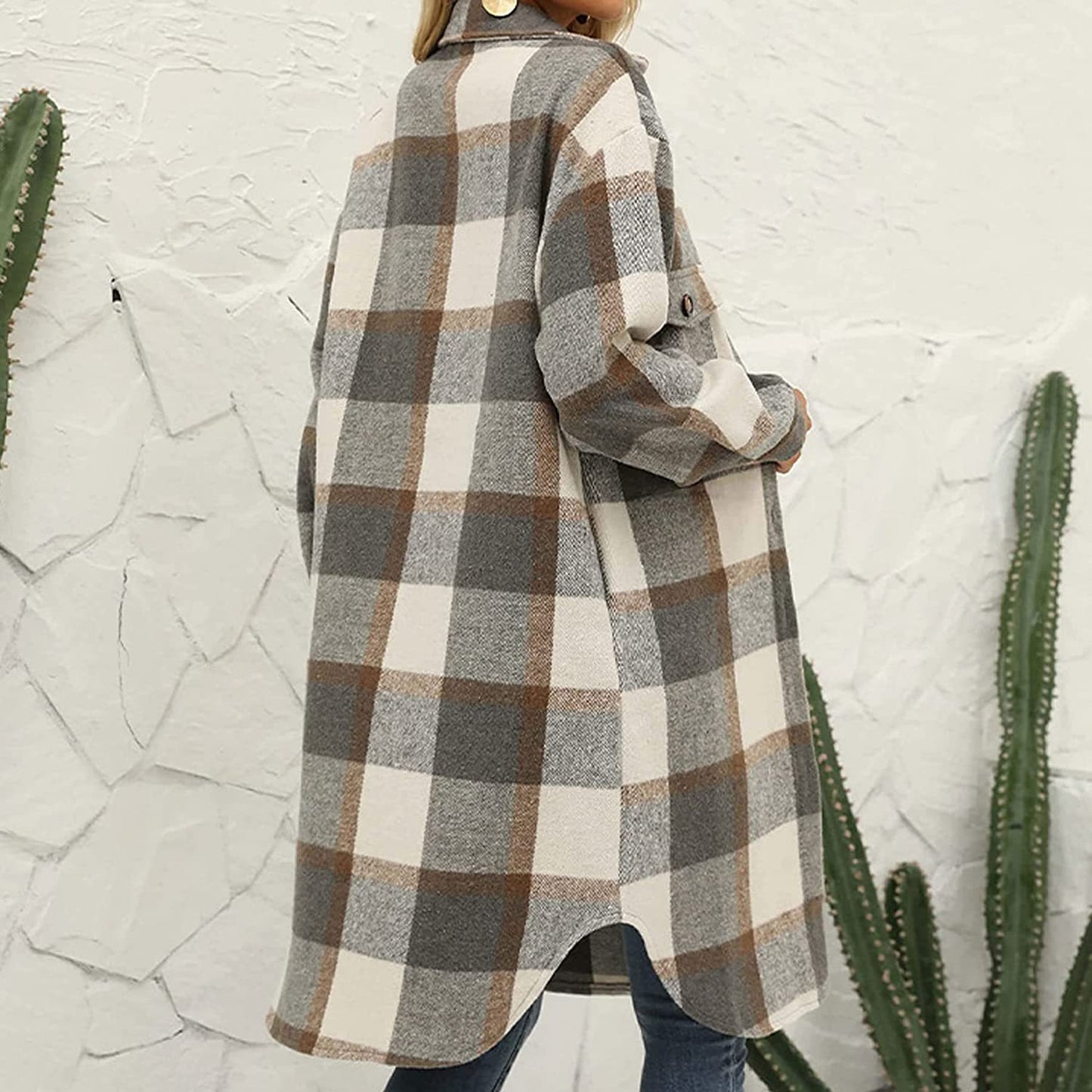 Woman’s coat Plaid Lapel Button Woolen Casual Trench Coat