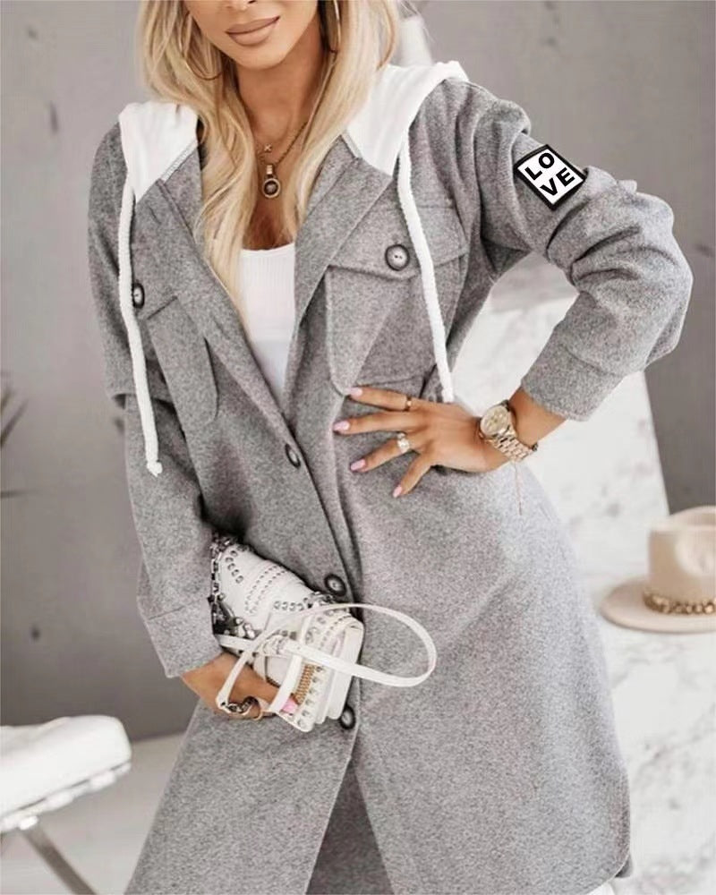 Woman’s fashion sleeve coat Hooded Button Long Sleeve Coat For Women