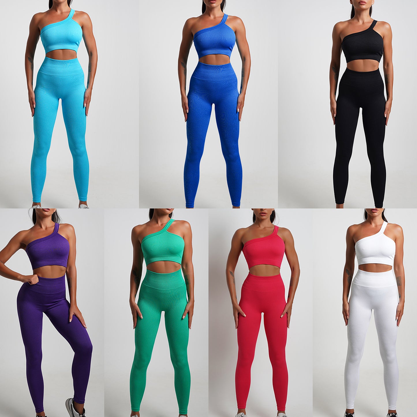 Seamless Yoga Clothes Suit Solid Color Workout Top Oblique Shoulder Sports Bra Sports High Waist Tight Hip Raise Yoga Pants