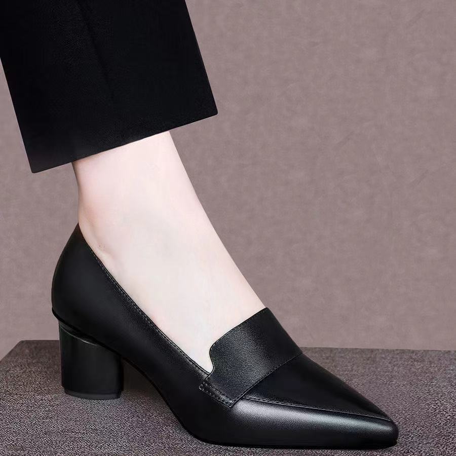 Genuine Leather women shoes Thick Heel Single Shoes Women Mid-heel Pointed Toe Women's Shoes Pumps Double Brown