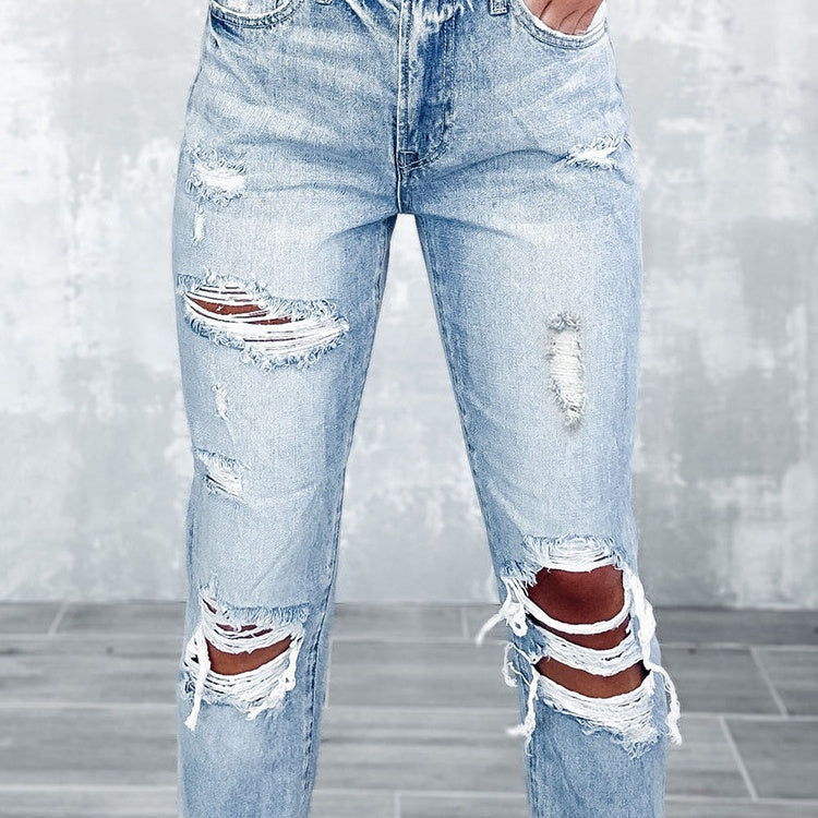 Retro Tattered Straight High Waist Skinny Jeans