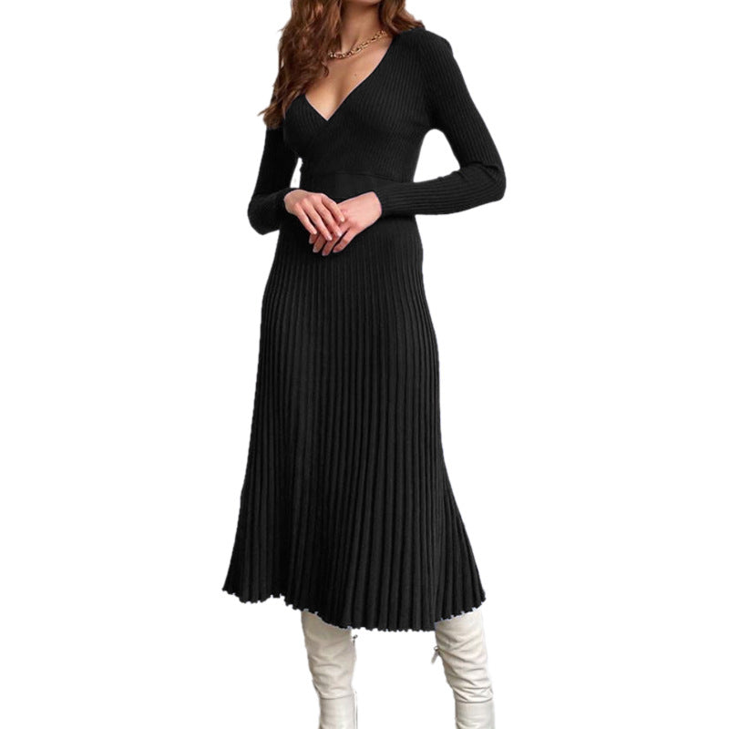 Women's Long Sleeve V-neck Wrapped Chest Mid-length Knitted Pleated Dress