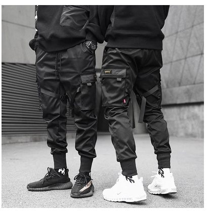 Men Black Hip Hop Cargo Pants Elastic Waist Jogger Trousers Sweatpants Pockets Full Length Casual Fashion