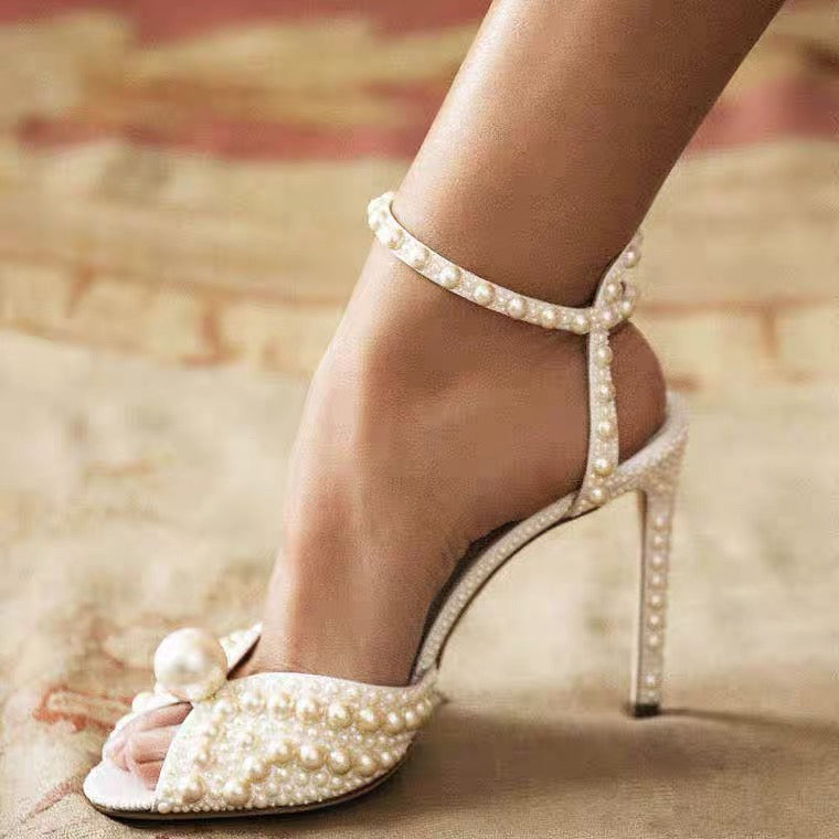 Fish Mouth Pearl Sandals Bridal Wedding Shoes Women