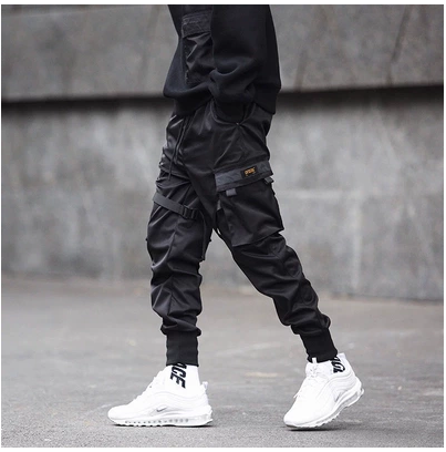 Men Black Hip Hop Cargo Pants Elastic Waist Jogger Trousers Sweatpants Pockets Full Length Casual Fashion