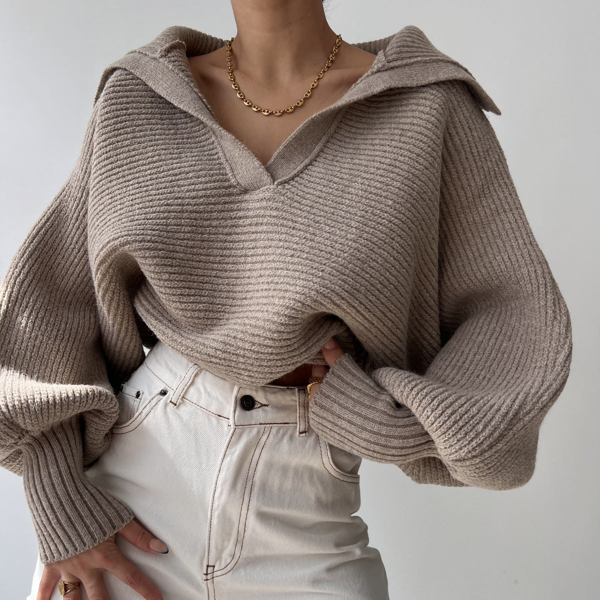 Woman sweater Spring And Autumn New Knitted Sweater Sweater Lapel Pullover Women's Top