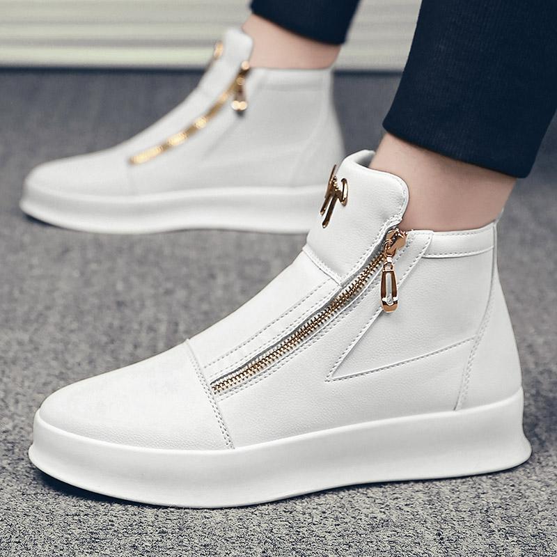 Wedding Photography White Leather Boots Personality Metal Men's Shoes Double Zipper Fashion Brand Sports Casual Borad Shoes