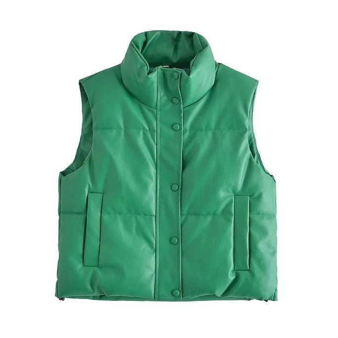 Women Polyester Cotton-padded Jacket Vest Sleeveless Stand Collar Vest Top