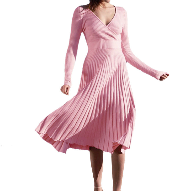 Women's Long Sleeve V-neck Wrapped Chest Mid-length Knitted Pleated Dress