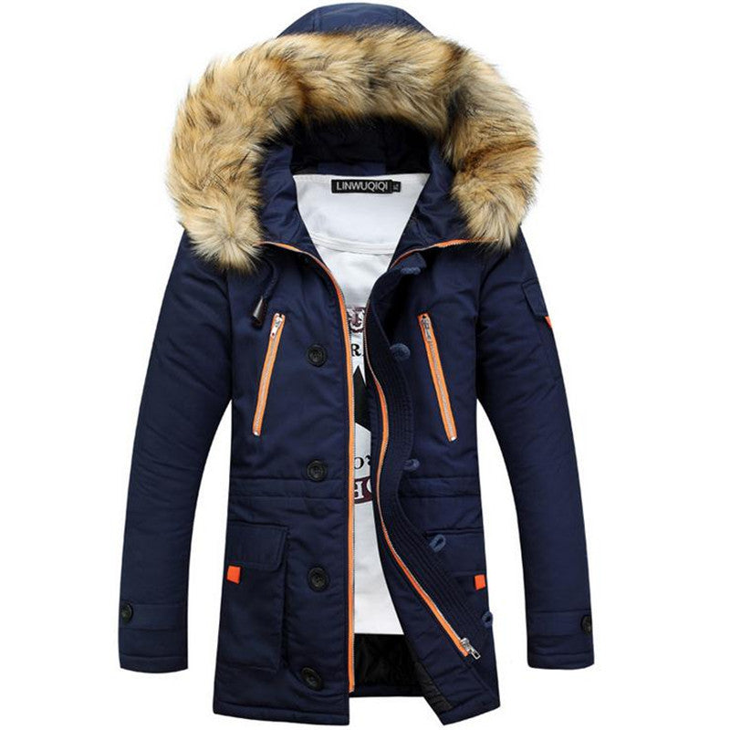 Men's cotton winter jacket fur collar fashion cotton clothing warm jacket cotton jacket long solid color men's clothing