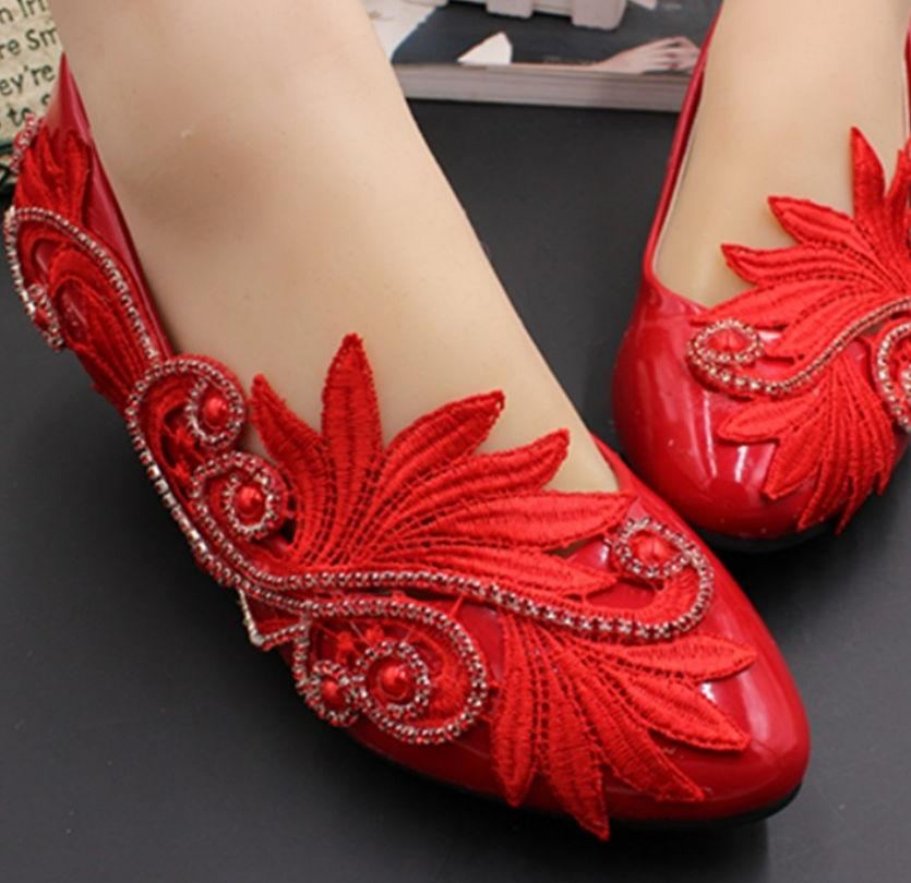 Bridal Red Flat Wedding Shoes Chinese Style