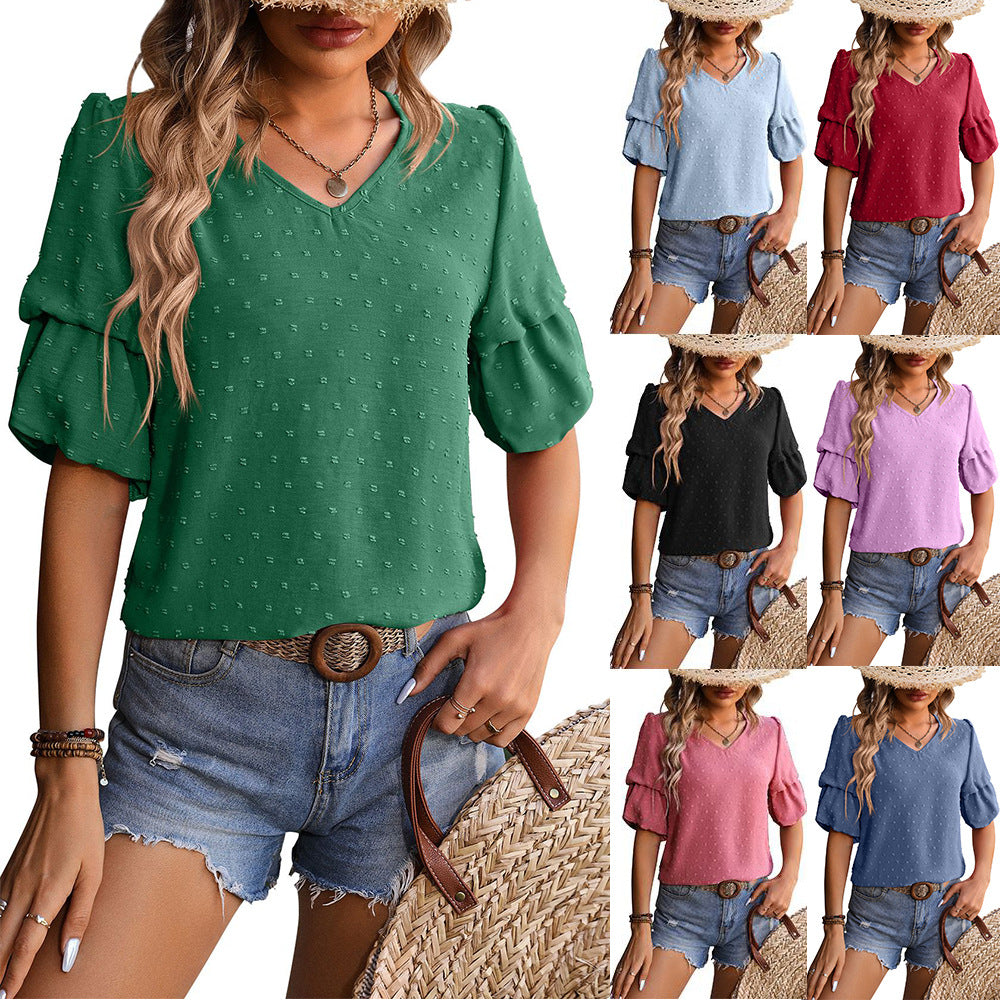 Woman shirt V-neck Chiffon Top Double-layer Puff Sleeve Shirt