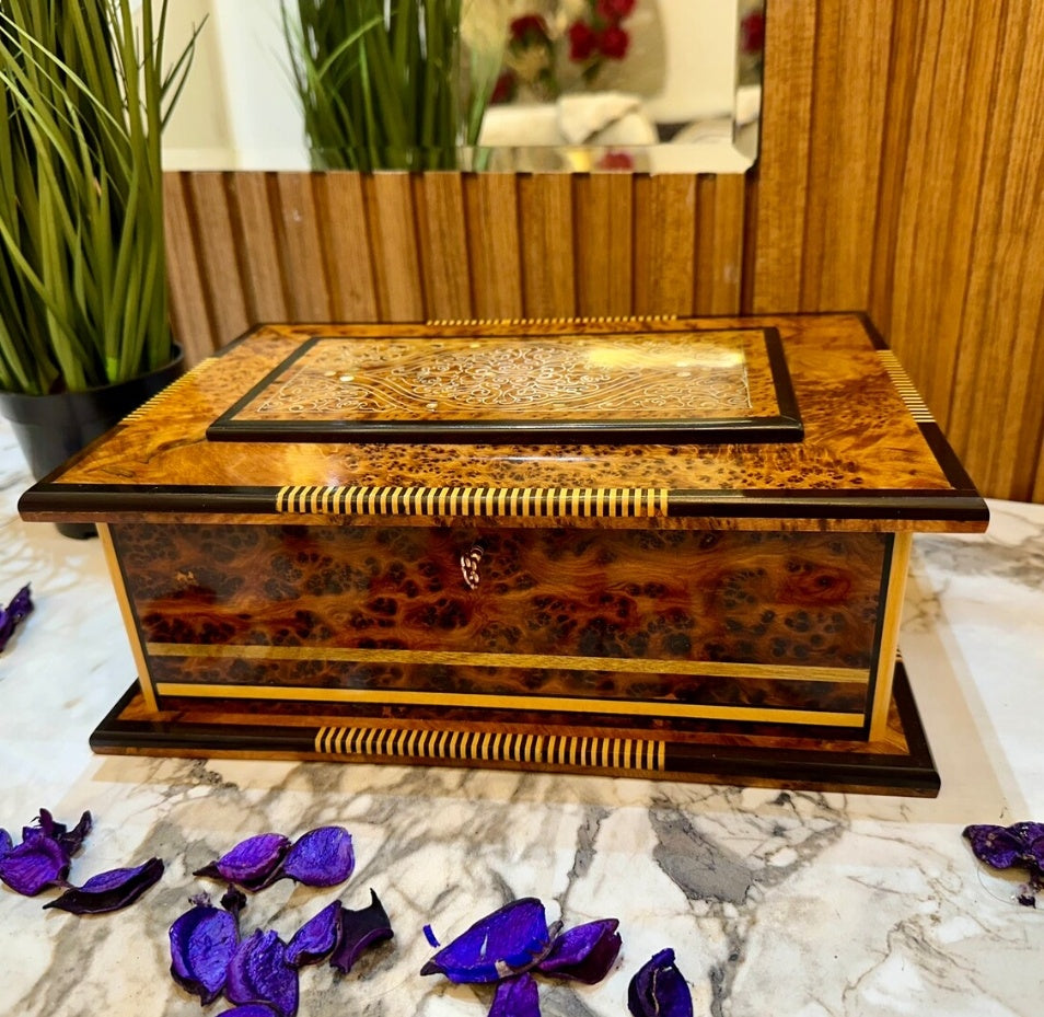 Handmade Luxury Jewelry Burlwood Box Inlaid With Mother Of Pearl, Lockable Handmade Anniversary Gift Box With Mirror Inside Decorative Box, Memory Box, Christmas Gift