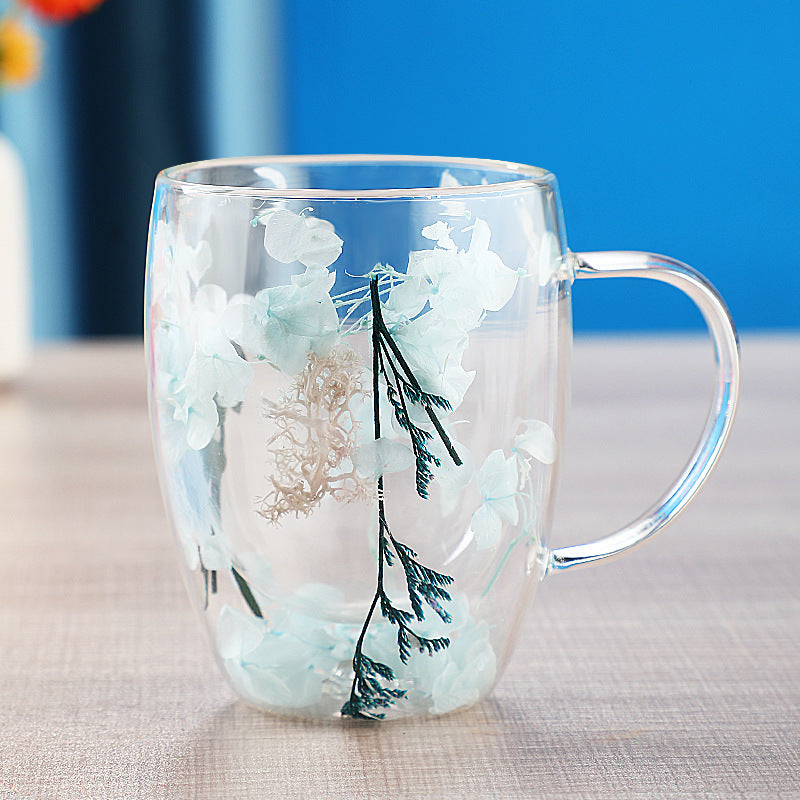 Dried Flower Double Layer Glass Cup Real Flower Cyber Celebrity Style Quicksand Cup