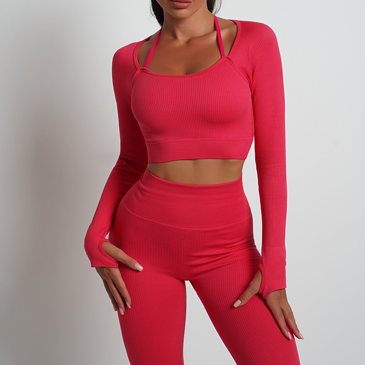 Seamless Yoga Clothes Suit Solid Color Workout Top Oblique Shoulder Sports Bra Sports High Waist Tight Hip Raise Yoga Pants