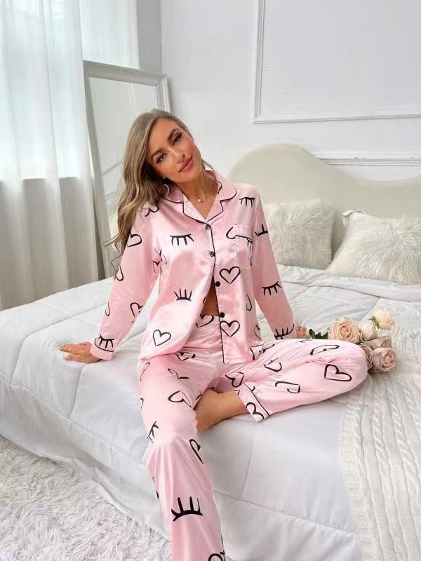 Woman pajamas Sweet Luxury 5050 Artificial Silk Lapel Long Sleeve Trousers Home Wear Two-piece Suit