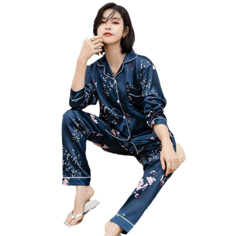 Woman pajamas Sweet Luxury 5050 Artificial Silk Lapel Long Sleeve Trousers Home Wear Two-piece Suit