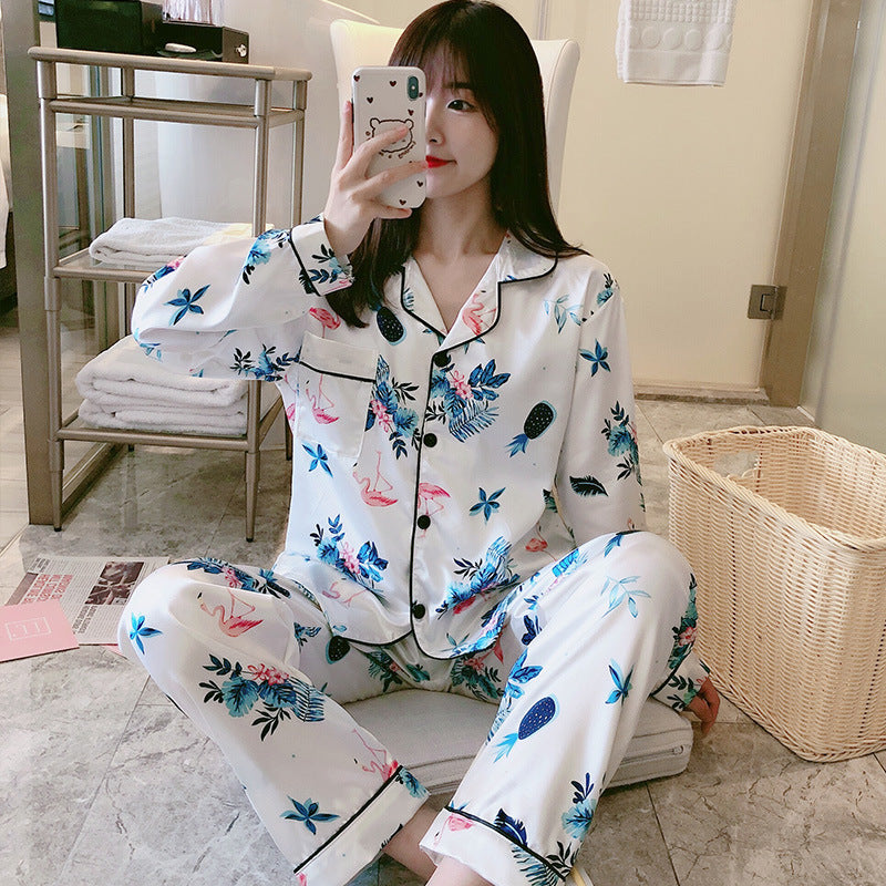 Woman pajamas Sweet Luxury 5050 Artificial Silk Lapel Long Sleeve Trousers Home Wear Two-piece Suit