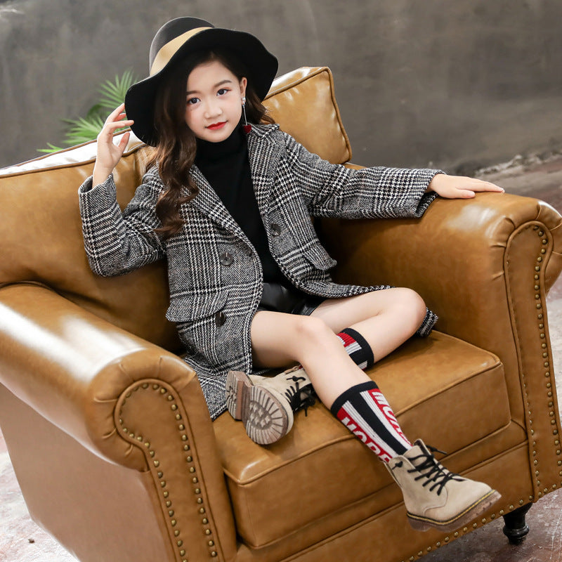 Girl gray plaid houndstooth coat for girls