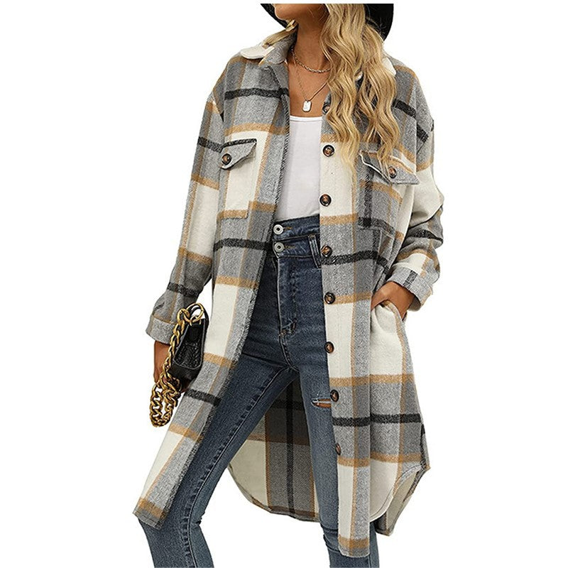 Woman’s coat Plaid Lapel Button Woolen Casual Trench Coat