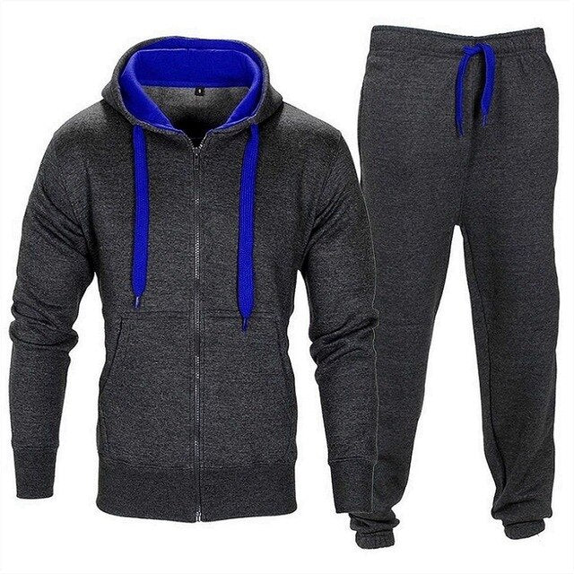 Casual Solid Tracksuit Zipper Hooded Sweatshirt Jacket +Sweatpants Mens Tracksuit