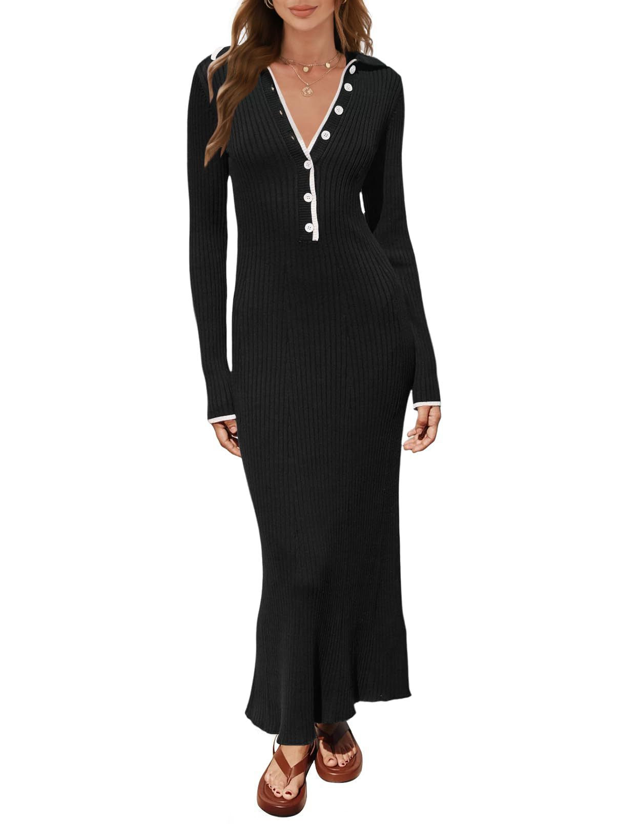 Women's Fashion Polo Collar Knitted Sheath Long Sleeve Dress