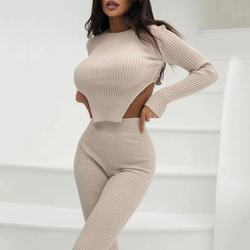 Solid Color Round Neck Slim Fit Basic Set Women