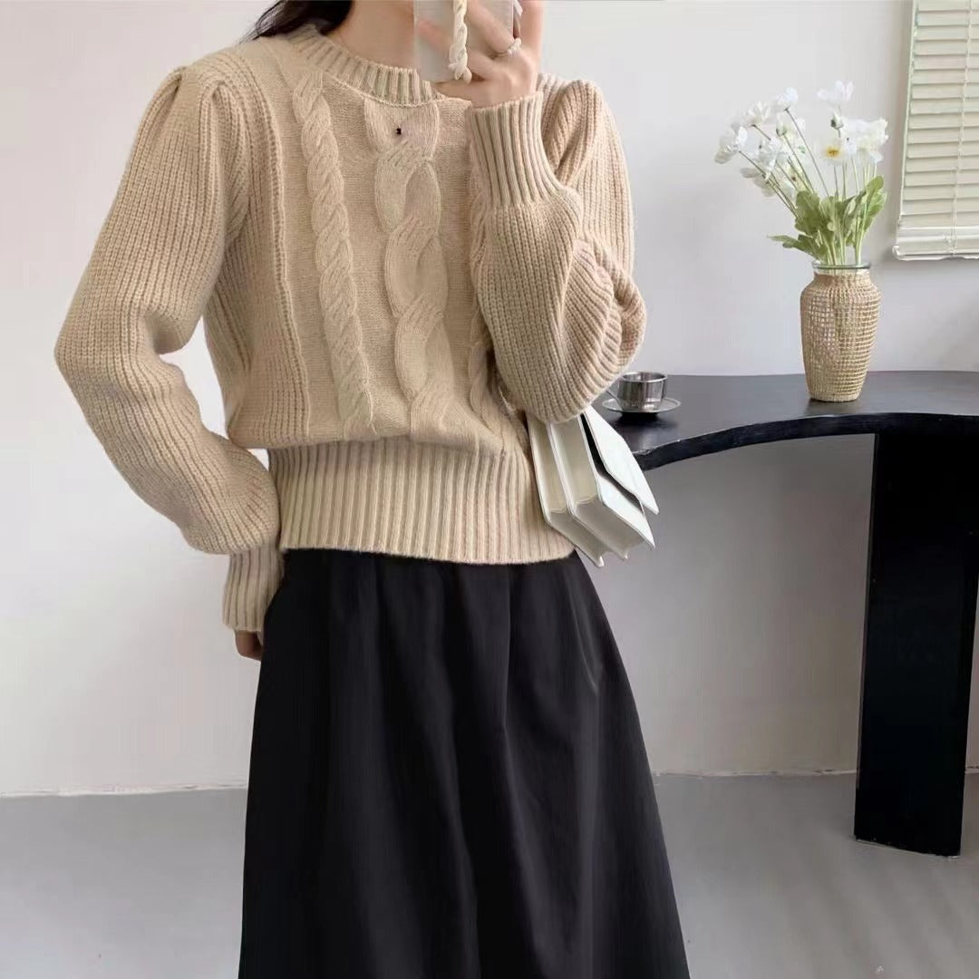 Woman sweater European And American Solid Color Knitwear Autumn Winter Japanese New Round Neck Pullover Lantern Sleeve Cable-knit Sweater