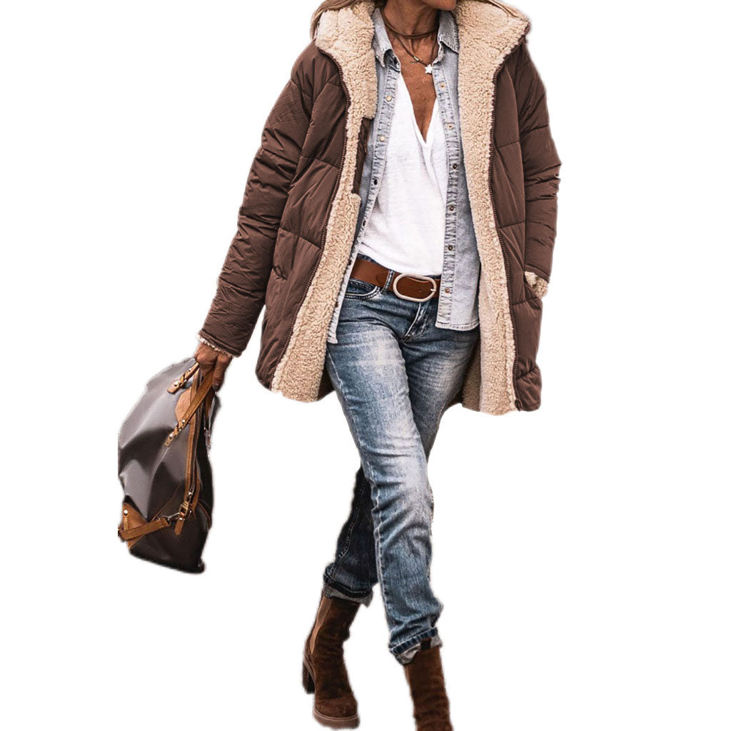 Women jacket Solid Color Hooded Short Cotton Jacket Long Sleeve Double-sided Wear Slim Fit Elegant Cardigan Coat Top