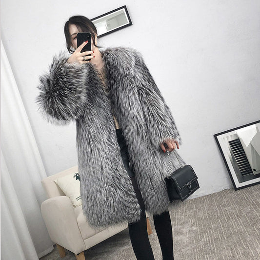 Woman’s coat Mid-length Fox Fur Faux Fur Coat Women's Warm Leisure Overcoat