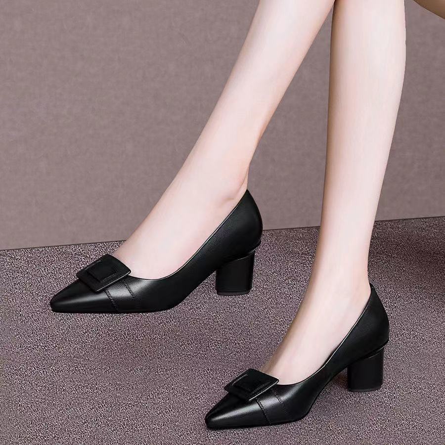 Genuine Leather women shoes Thick Heel Single Shoes Women Mid-heel Pointed Toe Women's Shoes Pumps Double Brown