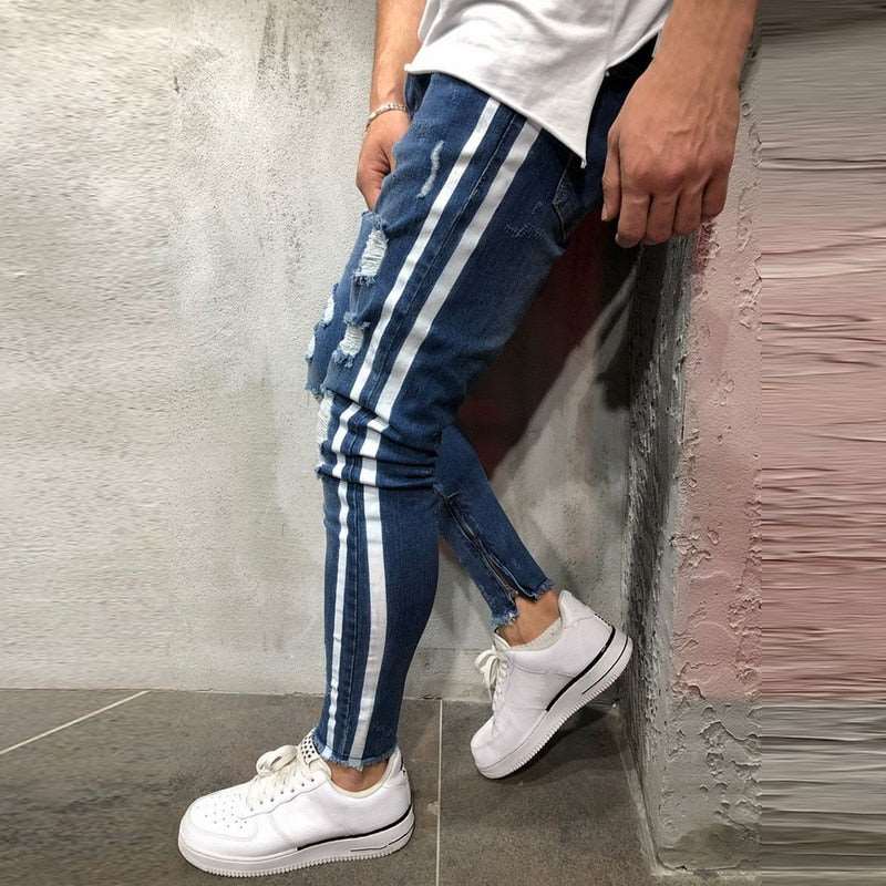 Ripped Side Striped Jeans Fashion Streetwear Mens Skinny Stretch Jeans Pants Slim Casual Denim Jeans jeans hombre