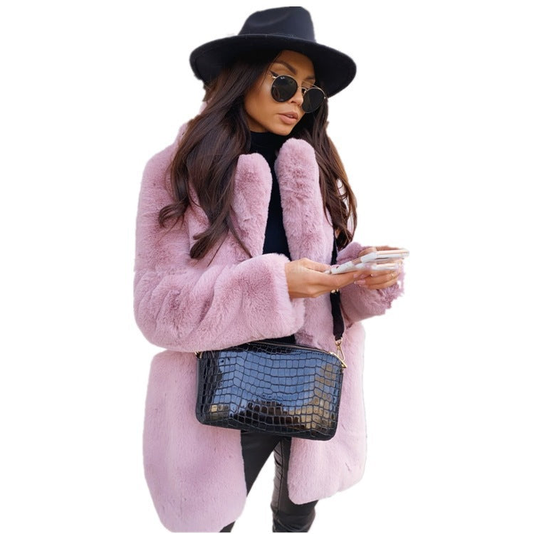 Woman cost Temperament Long Sleeve Lapel Faux Fur Coat Solid Color Coat Women Fur Fur Women's Clothing