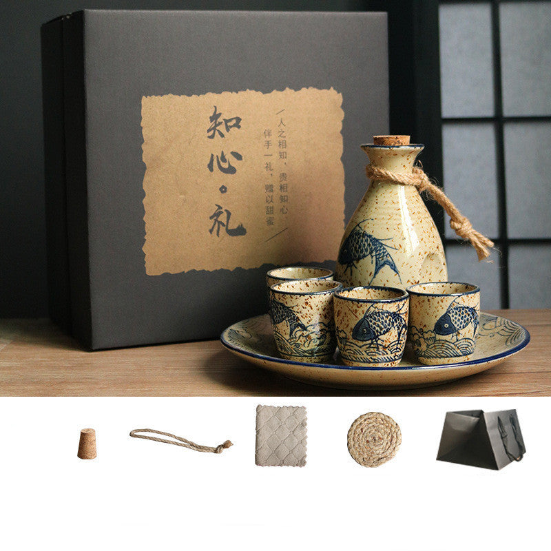 Japanese Retro Sake Wine Warmer Gift Box Set Hot Wine Shochu Pot Ceramic Wine Cup White Wine Household Wine Glass