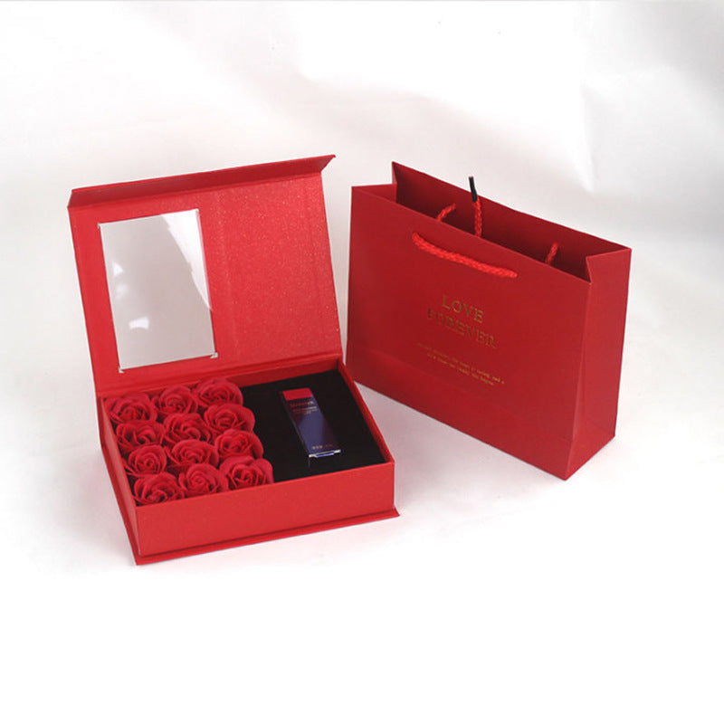 Gift box jewelry and lipstick with roses