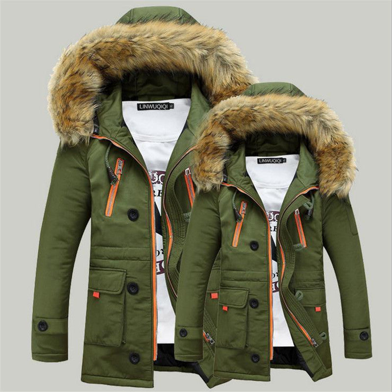 Men's cotton winter jacket fur collar fashion cotton clothing warm jacket cotton jacket long solid color men's clothing