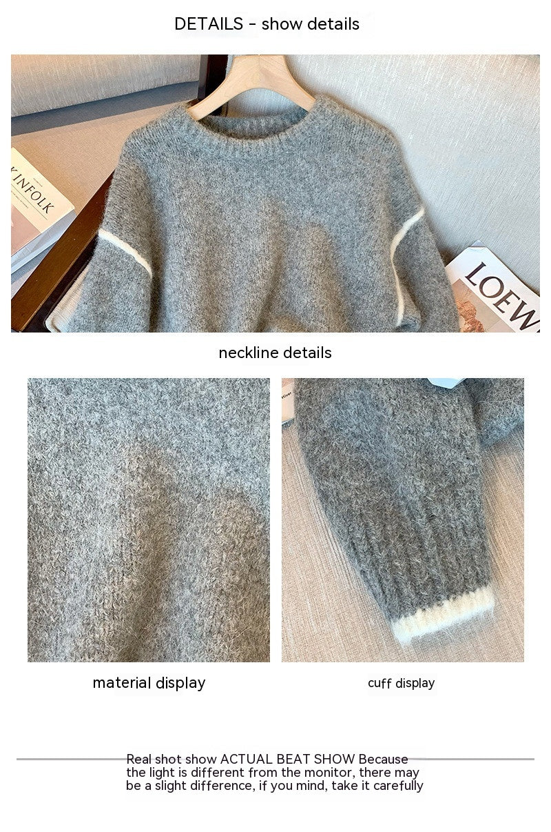 Woman Gray Round-collar Sweater Women's Retro Casual Loose Temperament Top