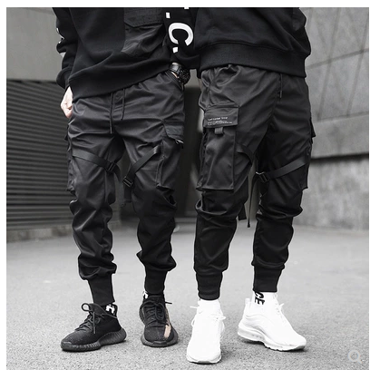 Men Black Hip Hop Cargo Pants Elastic Waist Jogger Trousers Sweatpants Pockets Full Length Casual Fashion