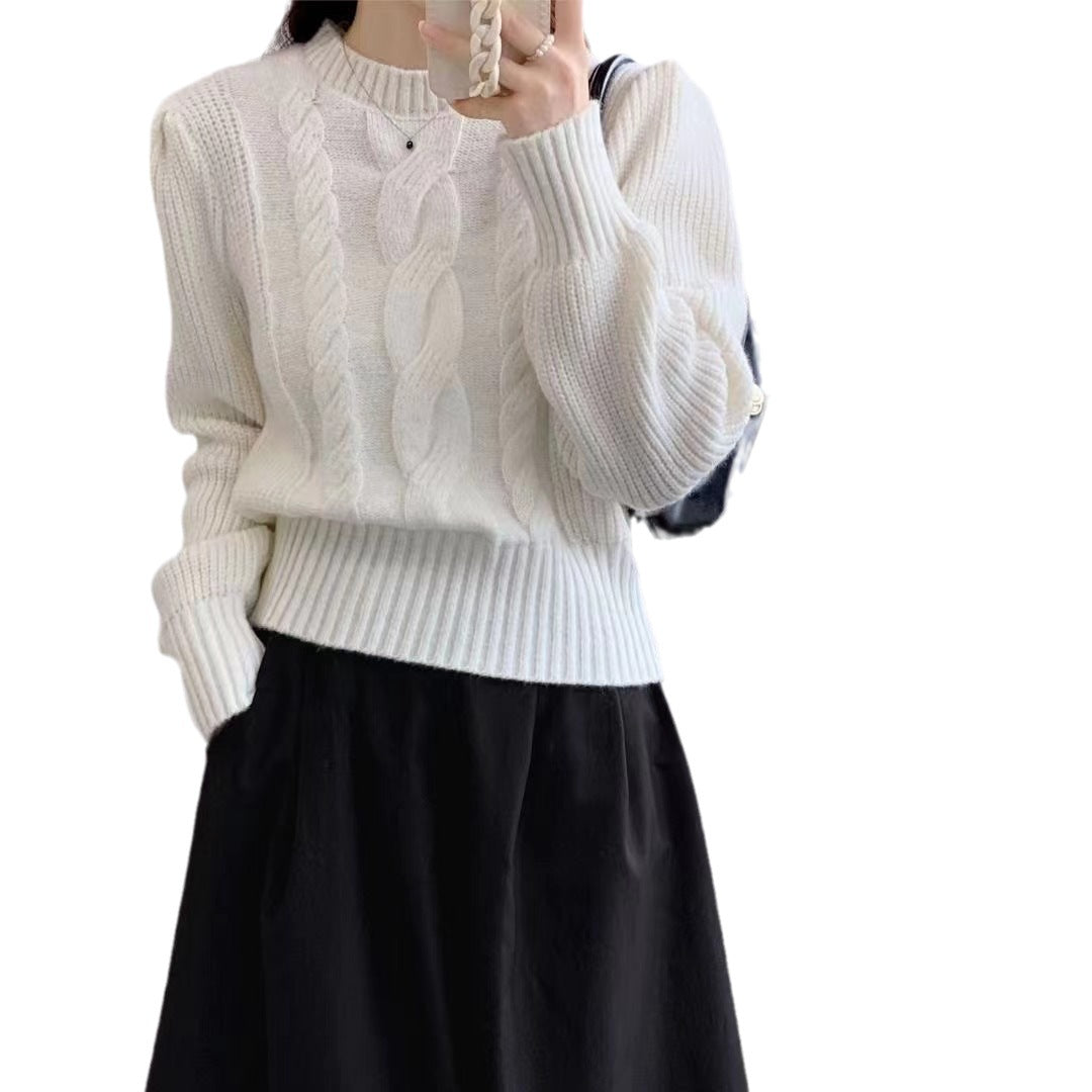 Woman sweater European And American Solid Color Knitwear Autumn Winter Japanese New Round Neck Pullover Lantern Sleeve Cable-knit Sweater