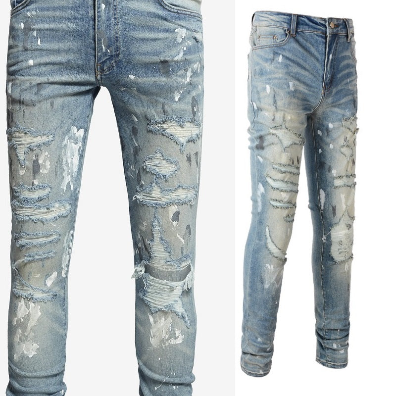 Men’s jeans Torn Graffiti Old Wash Stretchy Slim Jeans