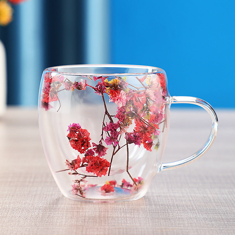 Dried Flower Double Layer Glass Cup Real Flower Cyber Celebrity Style Quicksand Cup