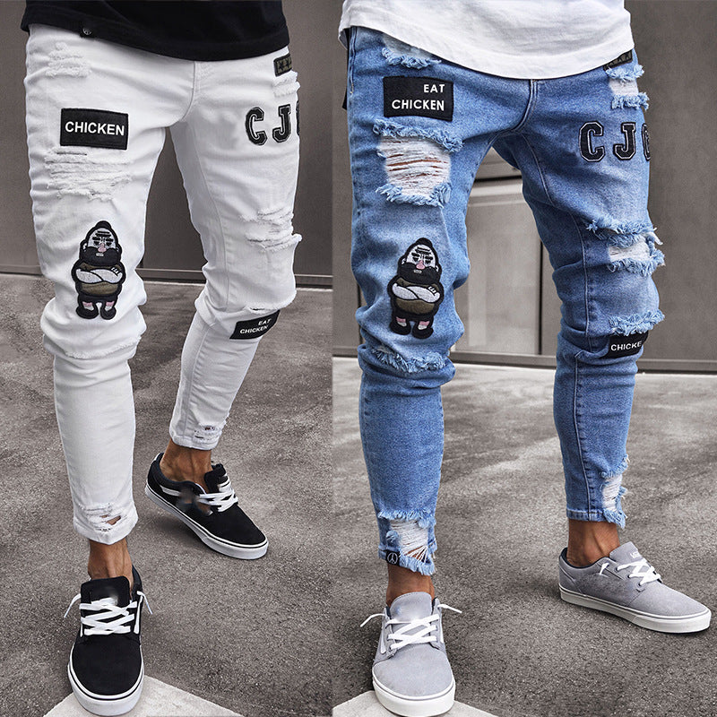 Men’s jeans White High-end Denim Men's Trousers Cross-border Foreign Trade Hole Trend Black Slim Jeans Men