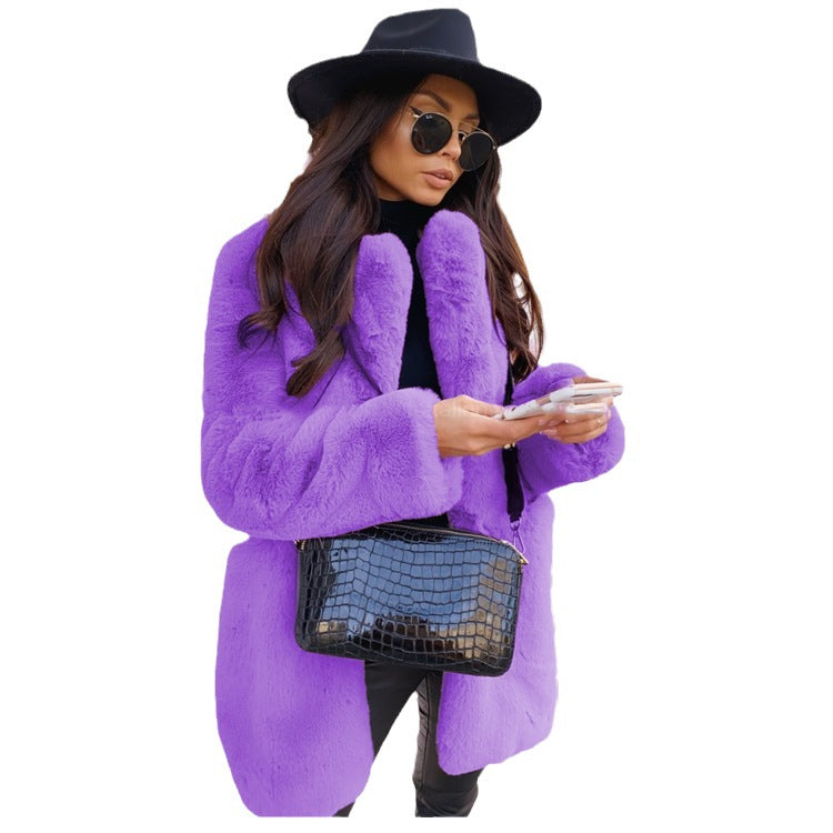 Woman cost Temperament Long Sleeve Lapel Faux Fur Coat Solid Color Coat Women Fur Fur Women's Clothing