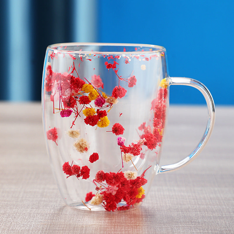 Dried Flower Double Layer Glass Cup Real Flower Cyber Celebrity Style Quicksand Cup